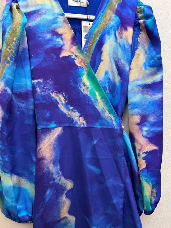 Alana Kay Art wrap ruffle dress blue abstract GORGEOUS NWT Small - Picture 7 of 7